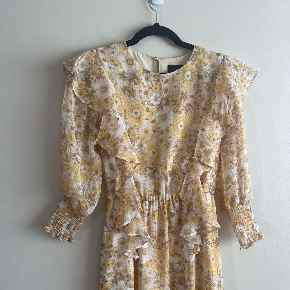 MINKPINK Floral Ruffle Collar Midi Dress Size S Smocked Cuff Tie Waist Boho